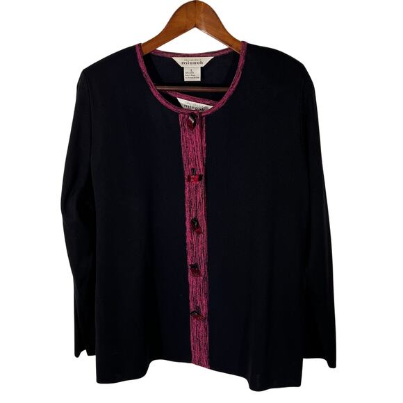 Misook 3 Pc Pantsuit Black Fuchsia Knit Cardigan Shell Vintage 80s L - Picture 3 of 13